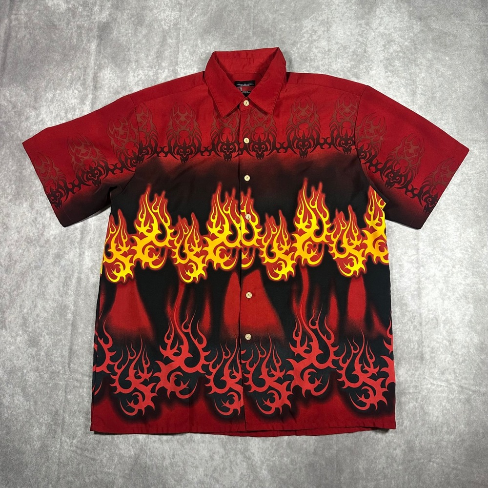 XG Mens Flame Tribal Graphic Button Up Shirt Red Black Short Sleeve Size L Y2K